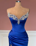 Glamorous Long Royal Blue Column Jewels Strapless Prom Dress With Slit
