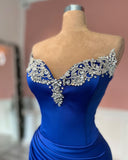 Glamorous Long Royal Blue Column Jewels Strapless Prom Dress With Slit