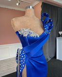 Glamorous Long Royal Blue Column One Shoulder Jewels Prom Dress With Slit