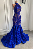 Glamorous Long Royal Blue Halter Lace Flowers Sleeveless Mermaid Prom Dress-misshow.com