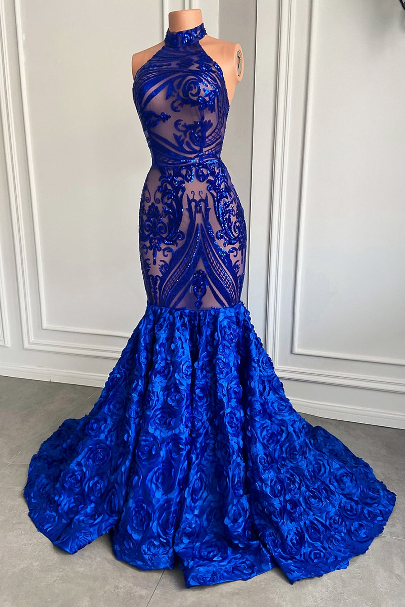 Glamorous Long Royal Blue Halter Lace Flowers Sleeveless Mermaid Prom Dress-misshow.com