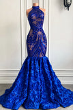 Glamorous Long Royal Blue Halter Lace Flowers Sleeveless Mermaid Prom Dress