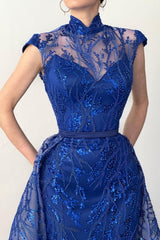 Glamorous Long Royal Blue High Neck Lace Sleeveless Prom Evening Dresses With Detachable Train-misshow.com