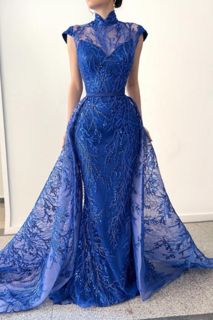 Glamorous Long Royal Blue High Neck Lace Sleeveless Prom Evening Dresses With Detachable Train-misshow.com