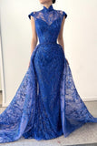 Glamorous Long Royal Blue High Neck Lace Sleeveless Prom Dress With Detachable Train-misshow.com