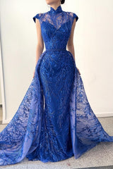 Glamorous Long Royal Blue High Neck Lace Sleeveless Prom Evening Dresses With Detachable Train-misshow.com