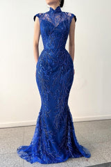 Glamorous Long Royal Blue High Neck Lace Sleeveless Prom Evening Dresses With Detachable Train-misshow.com