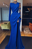 Glamorous Long Royal Blue High Neck Long Sleeves Lace Prom Dress With Slit-misshow.com