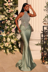 Glamorous Long Sage Mermaid High Neck Sleeveless Lace Prom Evening Dresses