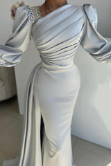 Glamorous Long Silver Mermaid Satin Pleated Long Sleeves Prom Evening Dresses with Side Slit
