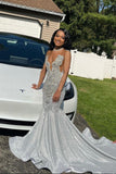 Glamorous Long Silver Mermaid Sequined Sleeveless Prom Dress With Lace-misshow.com