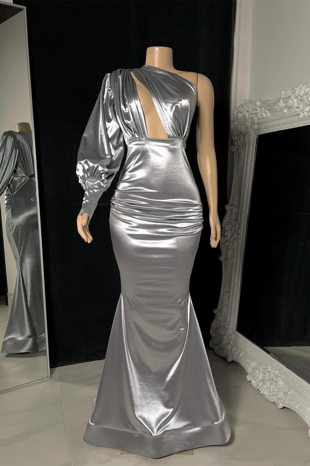 Glamorous Long Silver One Shoulder Mermaid Prom Dress-misshow.com