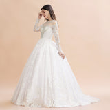 Glamorous Long Sleeve Beads White/Ivory Lace Appliques Wedding Dress-misshow.com