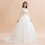 Glamorous Long Sleeve Beads White/Ivory Lace Appliques Wedding Dress-misshow.com