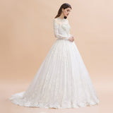 Glamorous Long Sleeve Beads White/Ivory Lace Appliques Wedding Dress-misshow.com