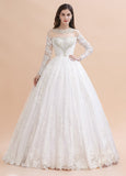 Glamorous Long Sleeve Beads White/Ivory Lace Appliques Wedding Dress-misshow.com