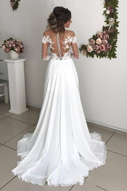 Glamorous Long Sleeve Lace Wedding Dresses | Chiffon Bridal Gowns With Slit-misshow.com