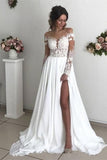 Glamorous Long Sleeve Lace Wedding Dresses | Chiffon Bridal Gowns With Slit-misshow.com