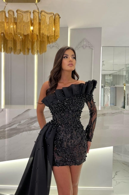 Glamorous long sleeve strapless column hardnet Evening Dress with ruffles