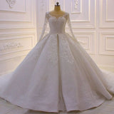 Glamorous Long Sleeves A-line Princess Satin Wedding Dress With Lace-misshow.com
