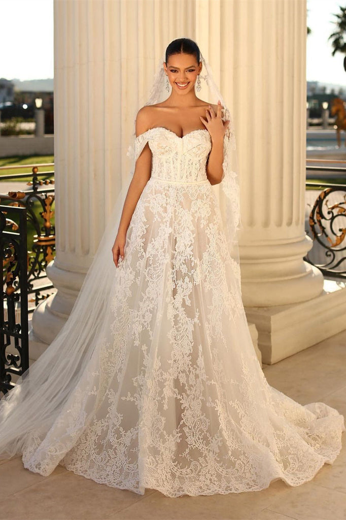 Glamorous Long White A-line Off-the-shoulder Lace Wedding Dress ...