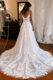 Glamorous Long White A-line Spaghetti Straps Lace Sleeveless Wedding dresses With Slit-misshow.com