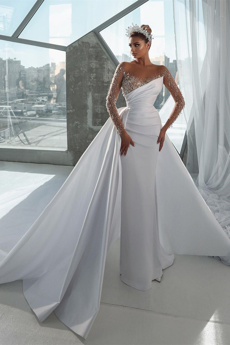 Glamorous Long White Long Sleeves Satin Crystal Wedding Dress With Det