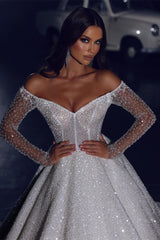 Glamorous Off-the-shoulder A-line Long Sleeves Lace Wedding Dress With Train-misshow.com