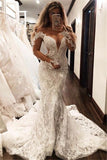 Glamouröses, schulterfreies, langärmliges Meerjungfrau-Hochzeitskleid mit V-Ausschnitt und Applikationen