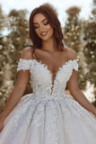 Glamorous Off-the-shoulder V-neck Appliques Lace A-line Wedding Dress-misshow.com
