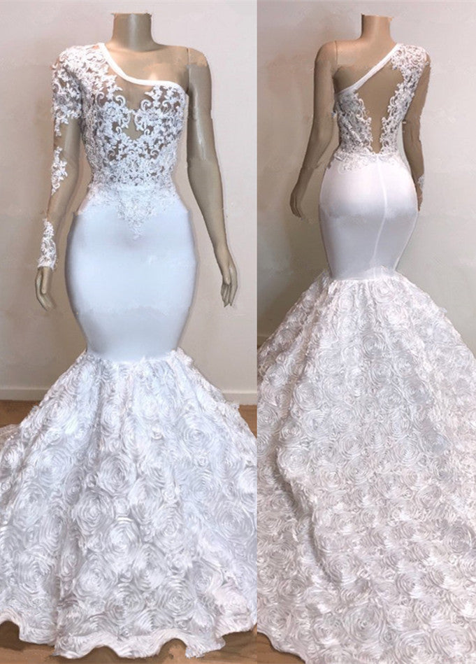 Glamorous One Shoulder Long Sleeve White Prom Dress-misshow.com