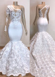 Glamorous One Shoulder Long Sleeve White Prom Dress