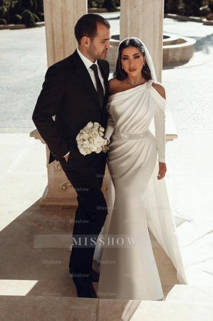 Glamorous one shoulder long sleeves mermaid satin Wedding dress