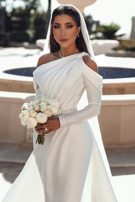 Glamorous one shoulder long sleeves mermaid satin Wedding dress with ruffles-misshow.com