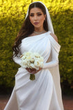 Glamorous one shoulder long sleeves mermaid satin Wedding dress with ruffles-misshow.com