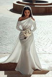 Glamorous one shoulder long sleeves mermaid satin Wedding dress with ruffles-misshow.com
