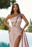 Glamorous Pink One Shoulder Lace Mermaid Prom Dress With Side Slit-misshow.com
