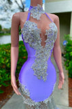 Glamorous Purple Halter Floor Length Satin Sleeveless Mermaid Prom Dress with Appliques-misshow.com