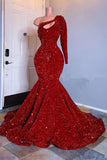Glamorous Red Long Sleeves One-Shoulder Mermaid Prom Dress Sequins-misshow.com