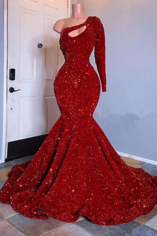 Glamorous Red Long Sleeves One-Shoulder Mermaid Prom Evening Dresses Sequins-misshow.com
