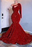 Glamorous Red Long Sleeves One-Shoulder Mermaid Prom Dress Sequins-misshow.com
