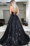 Glamorous Spaghetti-straps Black Sequins Long Evening Prom Dress-misshow.com