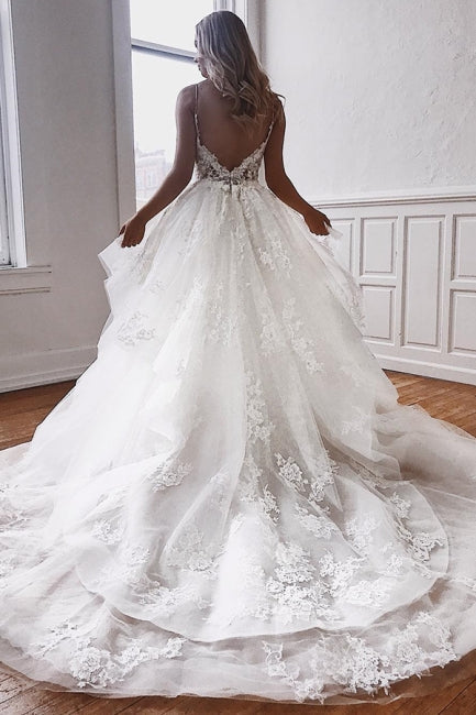 Glamorous Spaghetti-Straps Lace Appliques Tulle A-Line Wedding Dresses-misshow.com