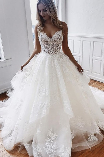 Glamorous Spaghetti-Straps Lace Appliques Tulle A-Line Wedding Dresses-misshow.com