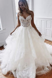 Glamorous Spaghetti-Straps Lace Appliques Tulle A-Line Wedding Dresses