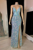 Glamorous Spaghetti Straps V-neck Sequined Sleeveless Prom Dress With Slit-misshow.com