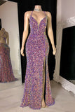 Glamorous Spaghetti Straps V-neck Sequined Sleeveless Prom Dress With Slit-misshow.com