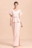 Glamorous V-Neck Front Slit Mother of Bride Dresses with Beadings Sash-misshow.com