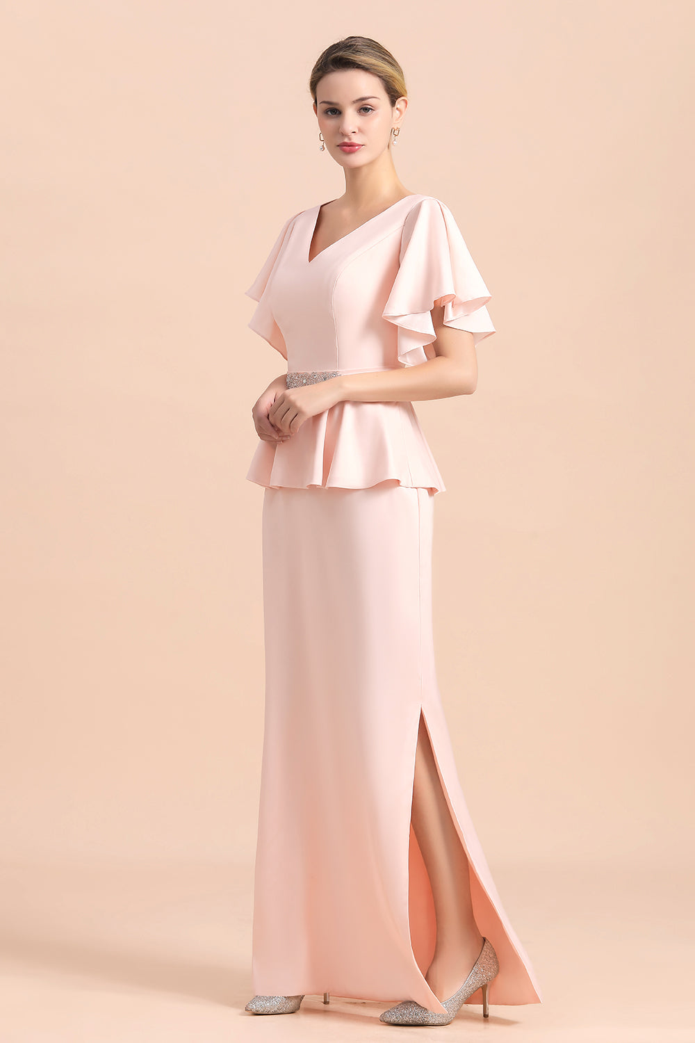 Glamorous V-Neck Front Slit Mother of Bride Dresses with Beadings Sash-misshow.com