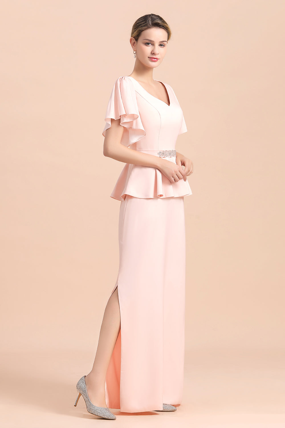 Glamorous V-Neck Front Slit Mother of Bride Dresses with Beadings Sash-misshow.com